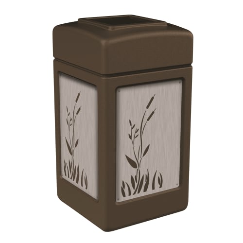 Commercial Zone PolyTec 42 Gallon Trash Container, Cattails, Brown with Stainless Steel Panels